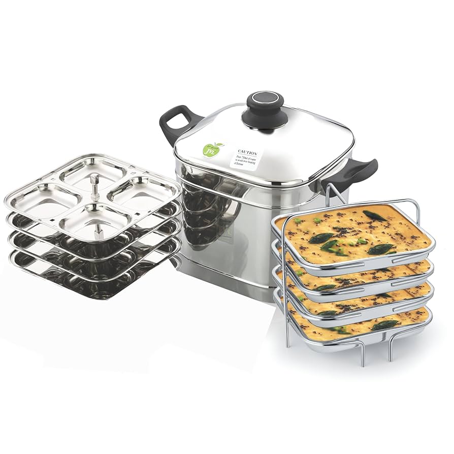Delivery DISH//  〜WITH INDIES BEST〜 JVL Stainless Steel Idli/Dhokla Maker 4 Plates with Lid